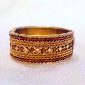 Gold Tone Bead and Rhinestone Hinged Bangle Bracelet